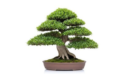 Fototapeta premium A meticulously crafted bonsai tree, showcasing intricate foliage and trunk details, set against a clean white background.