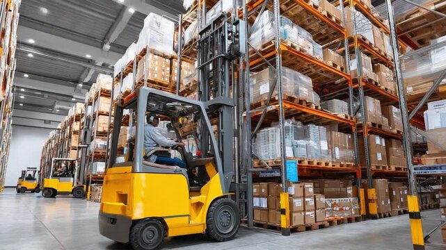 Warehouse logistics: A dynamic warehouse scene showcasing a forklift efficiently navigating through rows of organized inventory, representing the heart of modern distribution and supply chain