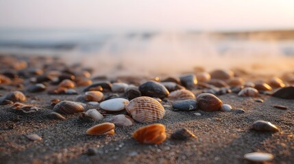 A serene beach scene with seashells and sand bathed in golden hour light with mist rising from the ocean