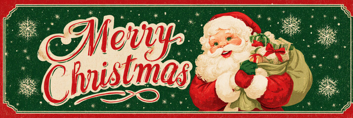 Santa Claus smiles joyfully while carrying a bag filled with gifts in a festive, retro Christmas design. This scene captures the spirit of the holidays from the 50s and 60s