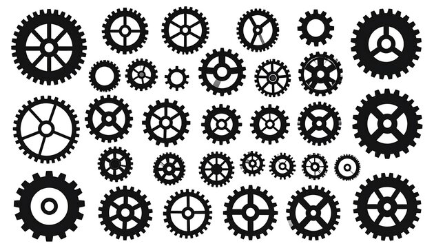 Collection of Various Gears and Cogs in Silhouette.