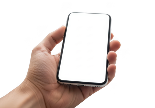 Hand holding modern smartphone with blank white screen for mockup purposes transparent background - Powered by Adobe