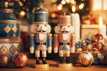 Decorations from a retro Christmas setting show nutcracker figurines standing near wrapped gifts, ornaments, and a candle