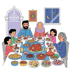 Vector Illustration of Family Dinner Scene with Diverse Characters in Modern Style Featuring Food and Night Sky Elements