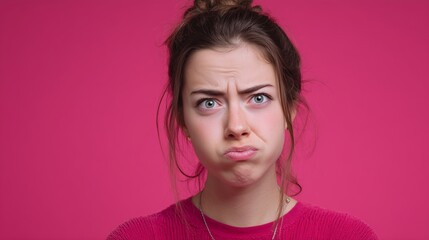 The young woman stands against a bright pink background, wearing a vibrant pink sweater that matches the backdrop. Her hair is styled casually, adding a relaxed element to the sett