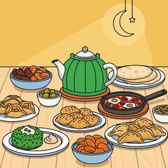Vector Illustration of Breakfast Scene with Food Items and Teapot in Modern Style