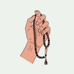 Minimalist Vector Illustration of Hand Holding Prayer Beads in Organic Style with Neutral Colors for Spiritual Religious Design