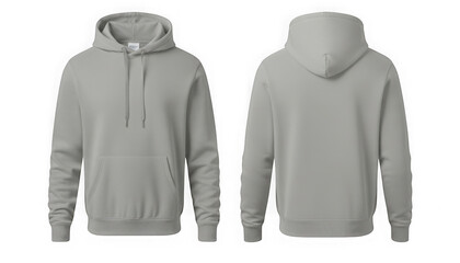 Blank light grey hooded sweatshirt front and back views mockup isolated on transparent background