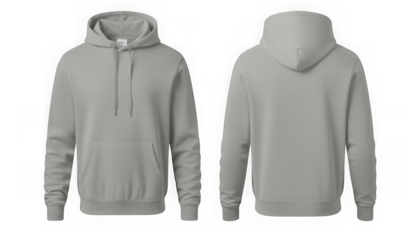 Blank light grey hooded sweatshirt front and back views mockup isolated on transparent background