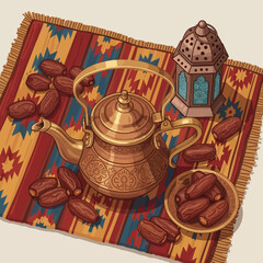 Vector Illustration of Middle Eastern Tea Set with Dates on Ornate Rug in Vintage Style