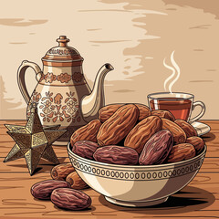Vector Illustration of Traditional Tea Scene with Date Fruits and Decorative Star in Vintage Style with Warm Earth Tones
