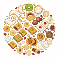 Vector Pattern of Assorted Pastries and Sweets in Modern Organic Style with Bright Colors