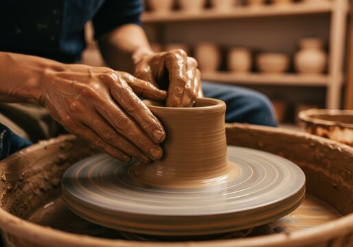 Crafting a Clay Pot A Potter's Hands on the Spinning Wheel