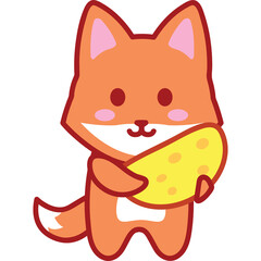 Cute Cartoon Fox Character Holding a Slice of Yellow Cheese Against a Transparent White Background Vibrant Orange and White Fur Adorable Animal Illustration Digital Art