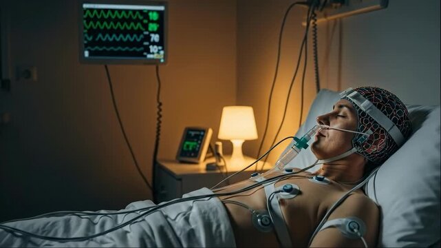 Male patient undergoing a polysomnography sleep study with electrodes and monitor showing brain activity in a hospital bed.