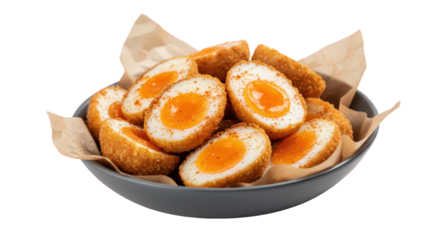Delicious fried scotch eggs in a bowl