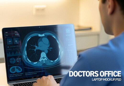 Doctor working on laptop screen mockup