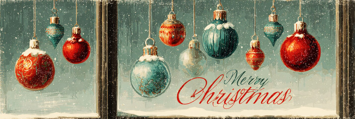 Vintage Christmas ornaments in blue, red, and gold hang from twigs near a snowy window. Soft light shines through, creating a warm holiday atmosphere in winter, banner