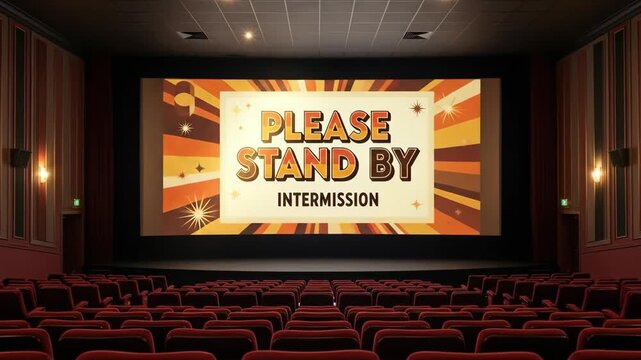 Empty cinema hall with retro Please Stand By intermission message on screen, waiting for film start