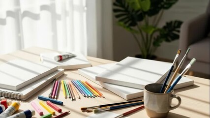 Art supplies on wooden table with paintbrushes, canvas, and colored pencils, illustrating creative process and hobby. - Powered by Adobe
