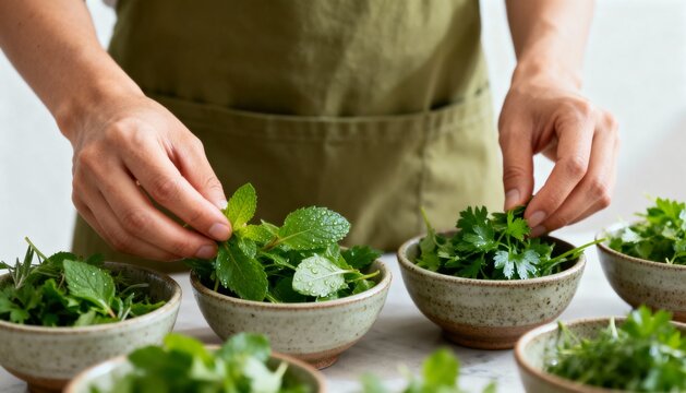 Person preparing fresh herbs in a kitchen. Close-up of hands arranging mint and parsley in ceramic bowls. Healthy cooking and natural ingredients concept