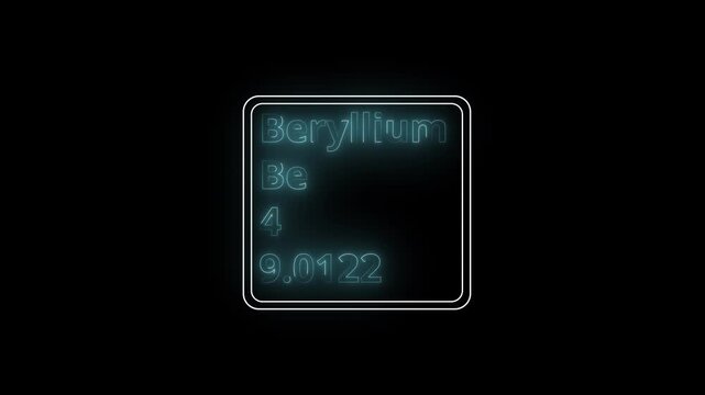 Glowing neon Beryllium element animation. Neon cyan Beryllium element animated on black background. 4k