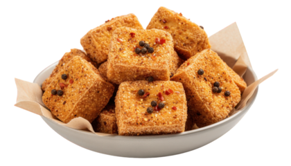 Bowl of fried tofu, a popular asian appetizer