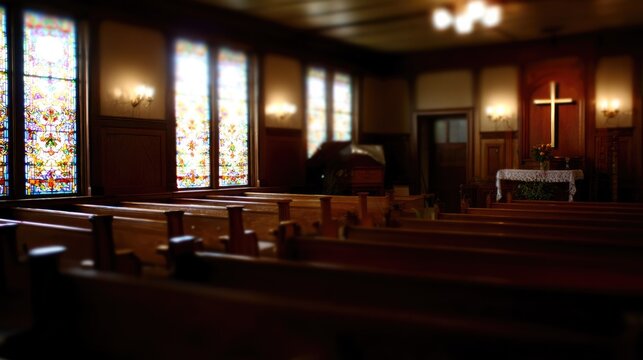 The peaceful interior of the church features warm stained glass lamps and empty wooden benches. Event projects and museum guides, designed specifically for cultural heritage projects and event project