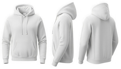 Blank white hoodie with drawstrings, front, side, and back view isolated on transparent background