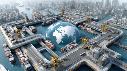 Global Logistics Hub: An aerial view showcases a dynamic global logistics hub, with container ships navigating through interconnected waterways, and a representation of the globe at the center. - Powered by Adobe
