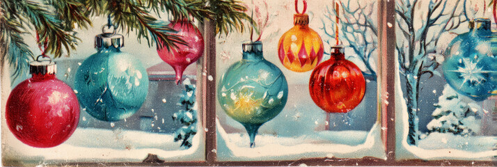 Brightly colored Christmas ornaments dangle from strings against a snowy winter landscape, capturing a nostalgic holiday moment from the 50s or 60s, banner