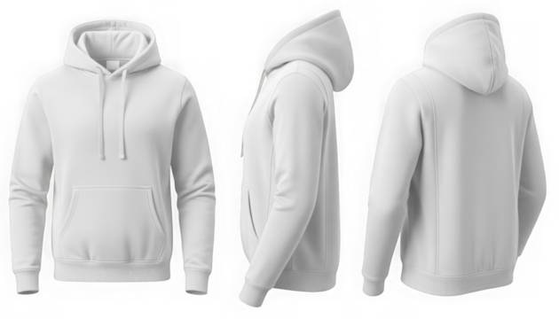Blank white hoodie with drawstrings, front, side, and back view isolated on transparent background