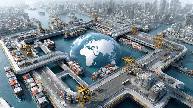 Global Logistics Hub: An aerial view showcases a dynamic global logistics hub, with container ships navigating through interconnected waterways, and a representation of the globe at the center.