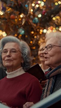 Vertical video: Glancing at music, two singers singing carol at fair with choir folders and lights