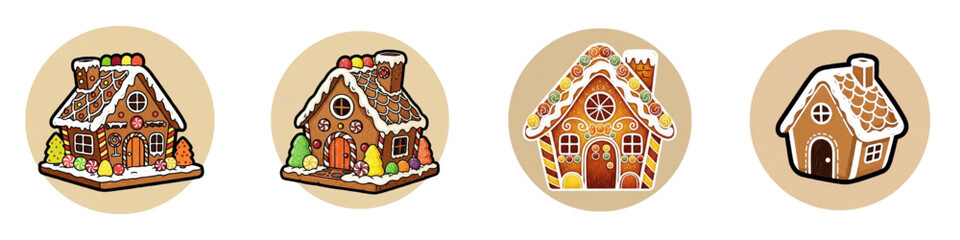 Gingerbread houses in various designs with icing and decorations  