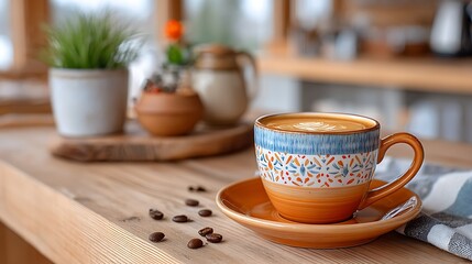 Spilled Coffee on a Cozy Cafe Table with Decorative Plants and Accessories