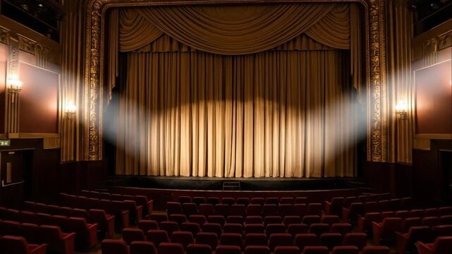 empty vintage theater with red seats and golden proscenium arch. curtain and spotlight illuminating an antique stage for performance.