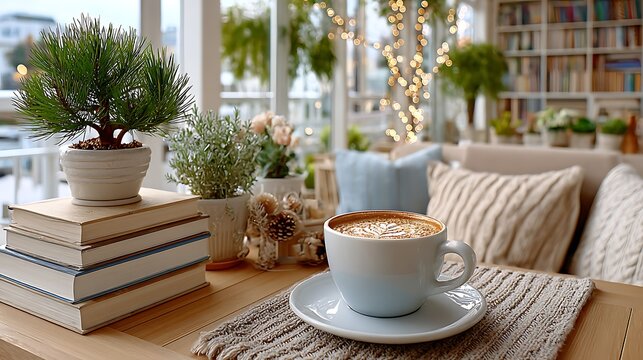 Cozy Coffee Shop Table Decorated with Books and Greenery in Soft Light