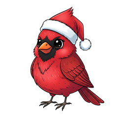 Cute cartoon red cardinal bird wearing a santa hat for christmas celebrations
