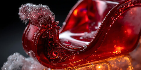 Close-up decorative red sleigh with intricate designs and faux snow glowing warmly on dark background