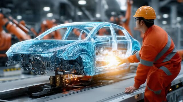 Innovation in Motion: An automotive engineer observes the blueprint of a car's framework in an advanced production facility, capturing the essence of innovation and the future of transport.