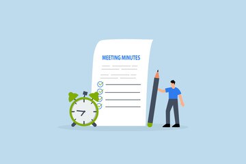 Meeting minutes, businessman writing meeting minutes with alarm clock.