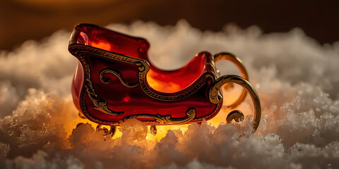 Decorative red sleigh with ornate gold details on snowy surface illuminated by warm festive light