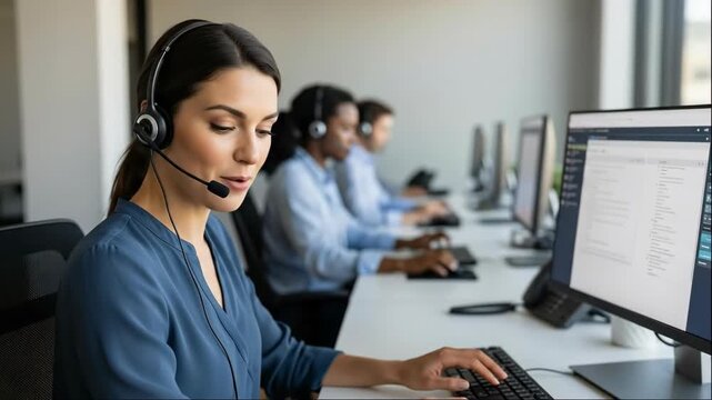 Woman call center agent talking and typing on computer. Customer service and technical support in busy modern office. People working to help clients efficiently. - Powered by Adobe