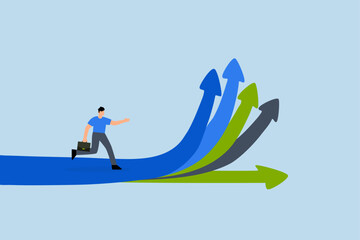 Career decision, businessman running to different arrow pathway.