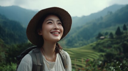 A woman in a straw hat stands amidst beautiful terraced rice fields, appreciating the stunning landscape in the background. The woman enjoys the calm atmosphere and fresh air aroun