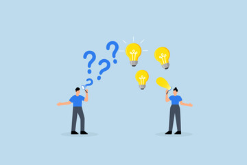 question and answer, business individuals featuring question mark and light bulb thought bubble.