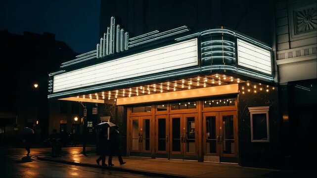People walking in front of a retro movie theater building illuminated at night. Urban nightlife with an empty marquee for classic entertainment.
