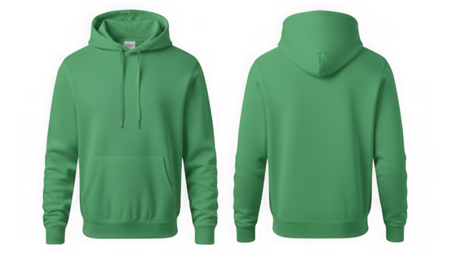 Green hoodie front and back views mockup template for apparel isolated on transparent background