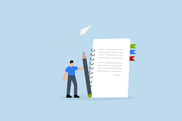 Write note on notebook paper, business man holding pencil writing message on notebook paper.